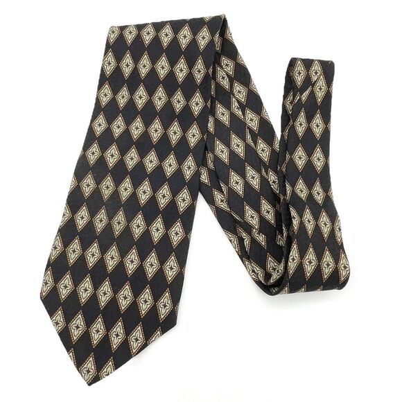 Vintage Valentino Cravatte 100% Silk Necktie Diamond Print Chocolate Gold Black - Picture 12 of 12